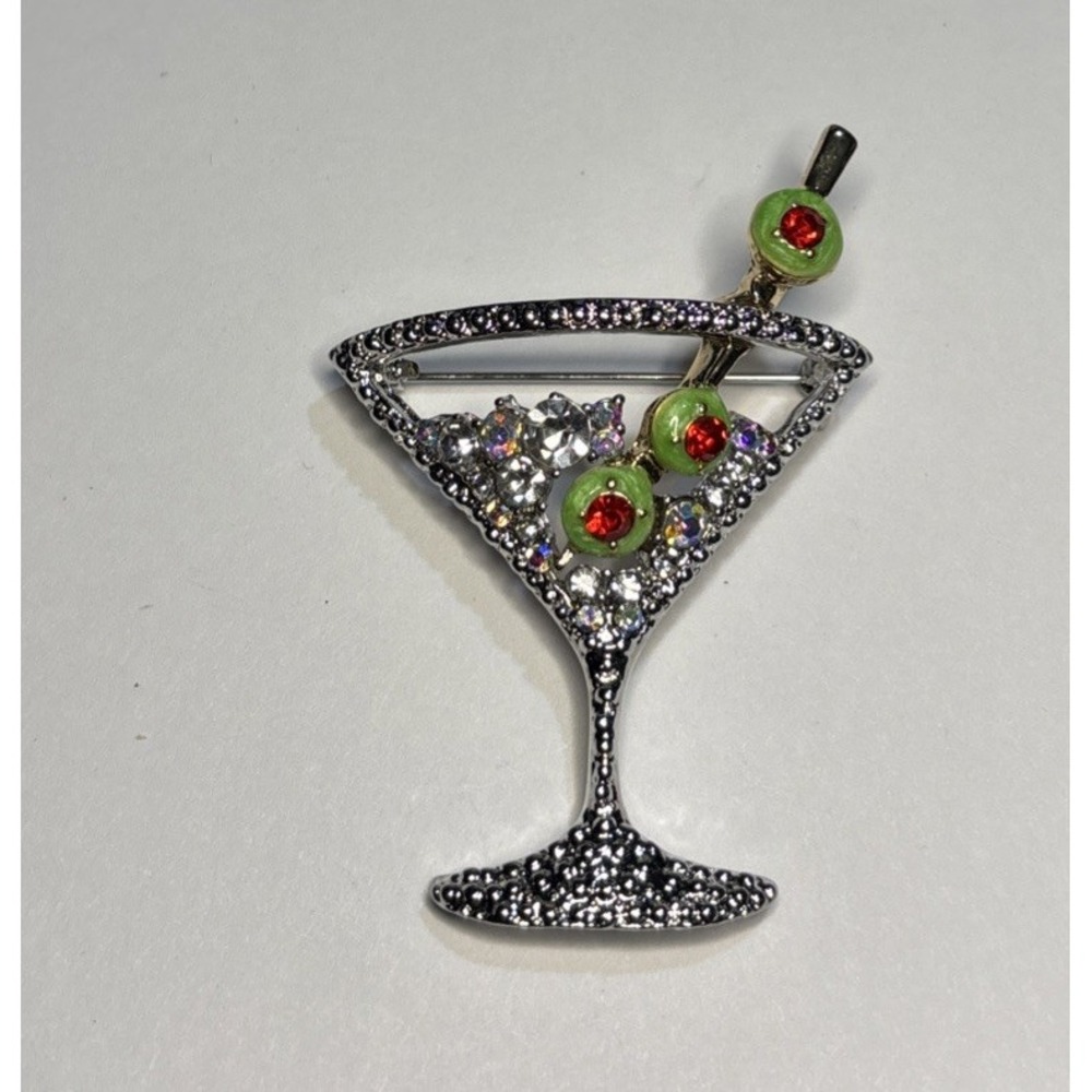 Martini Glass Brooch Rhinestone Cocktail Olive Silver Tone Barware Pin 2" - Picture 2 of 3